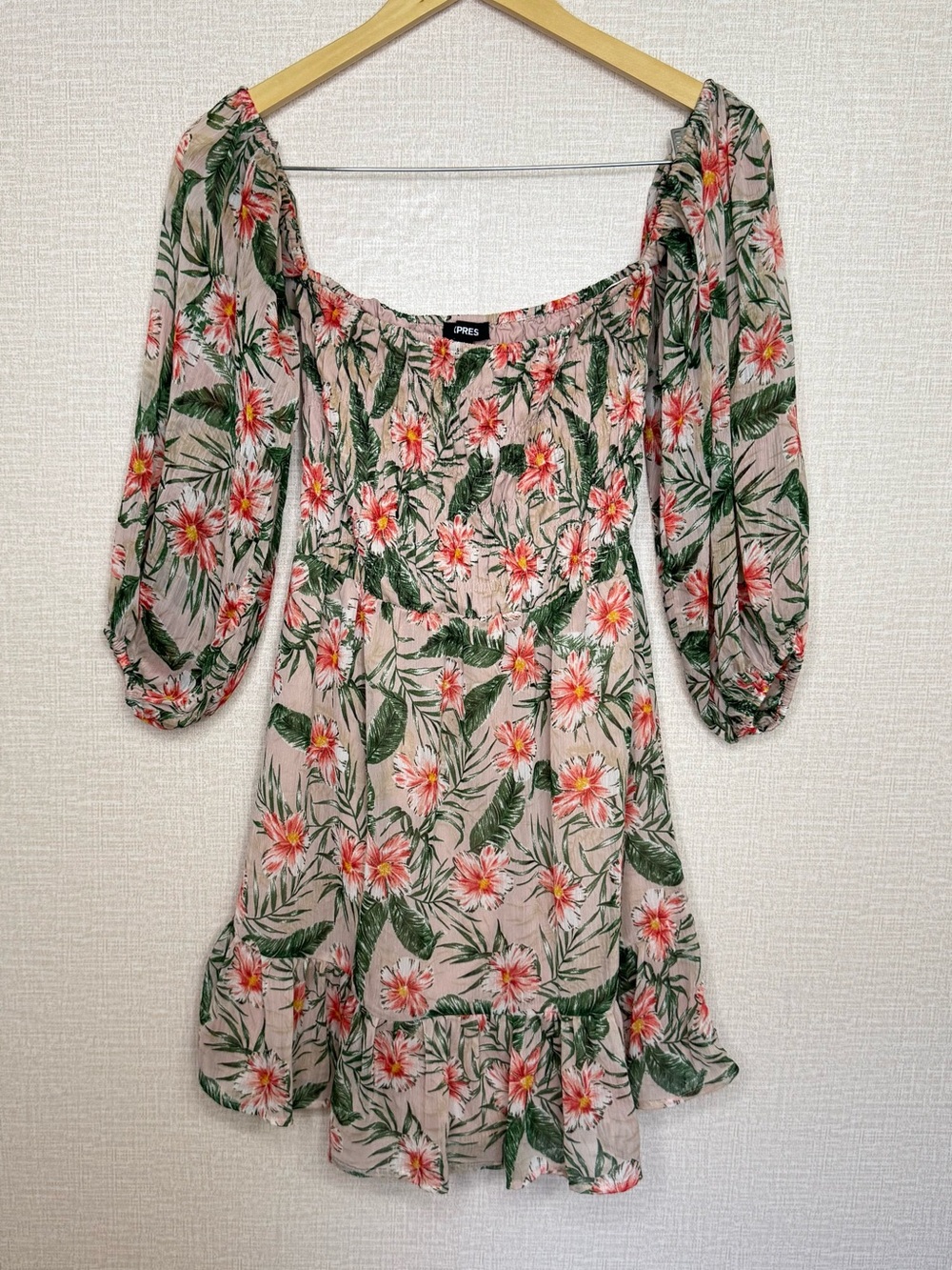 Express Floral Puff-Sleeve Mini Dress - Pink & Green size S